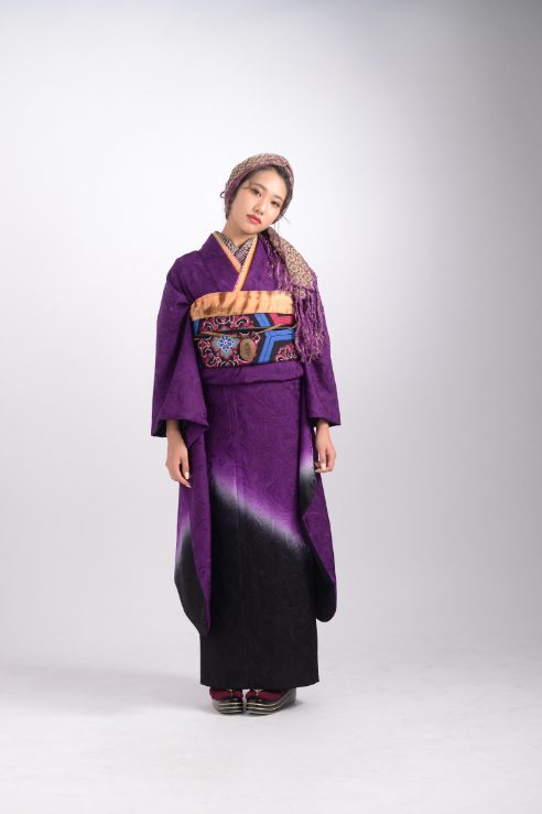 袋帯シンプル　紫×黒　振袖　成人式　フルセット　正絹