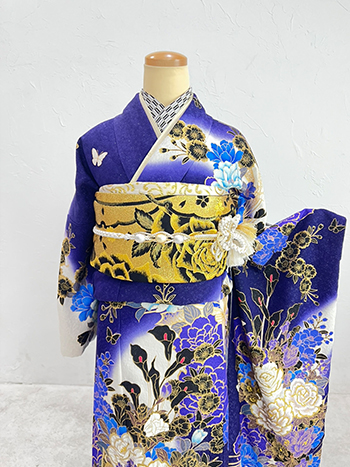 【振袖】白/青・薔薇