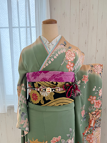 【振袖】緑・桜