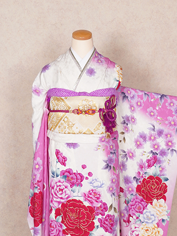 【振袖】白/ﾋﾟﾝｸ・薔薇