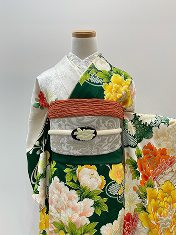 【振袖】白/緑・牡丹