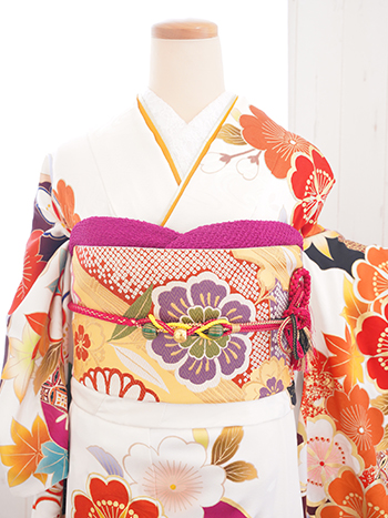 【振袖】白/ｵﾚﾝｼﾞ・梅