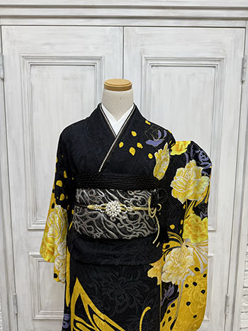 【振袖】黒/黄色・薔薇/蝶