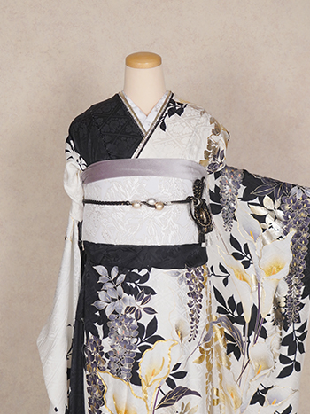 【振袖】白/黒・藤の花