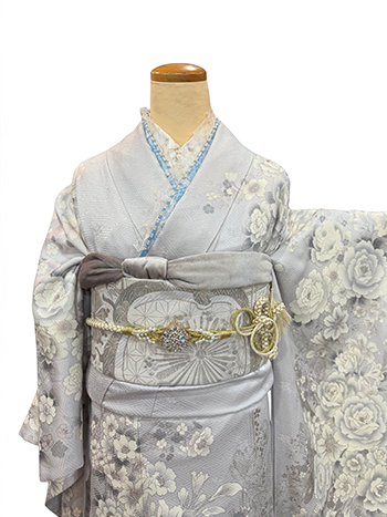 【振袖】グレー・牡丹