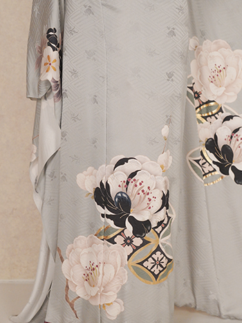 【振袖】ｸﾞﾚｰ・牡丹