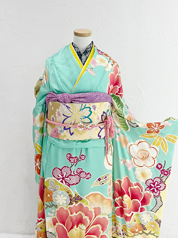 【振袖】水色/黄色・椿