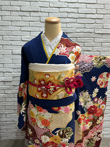 【振袖】青・牡丹・しぼり